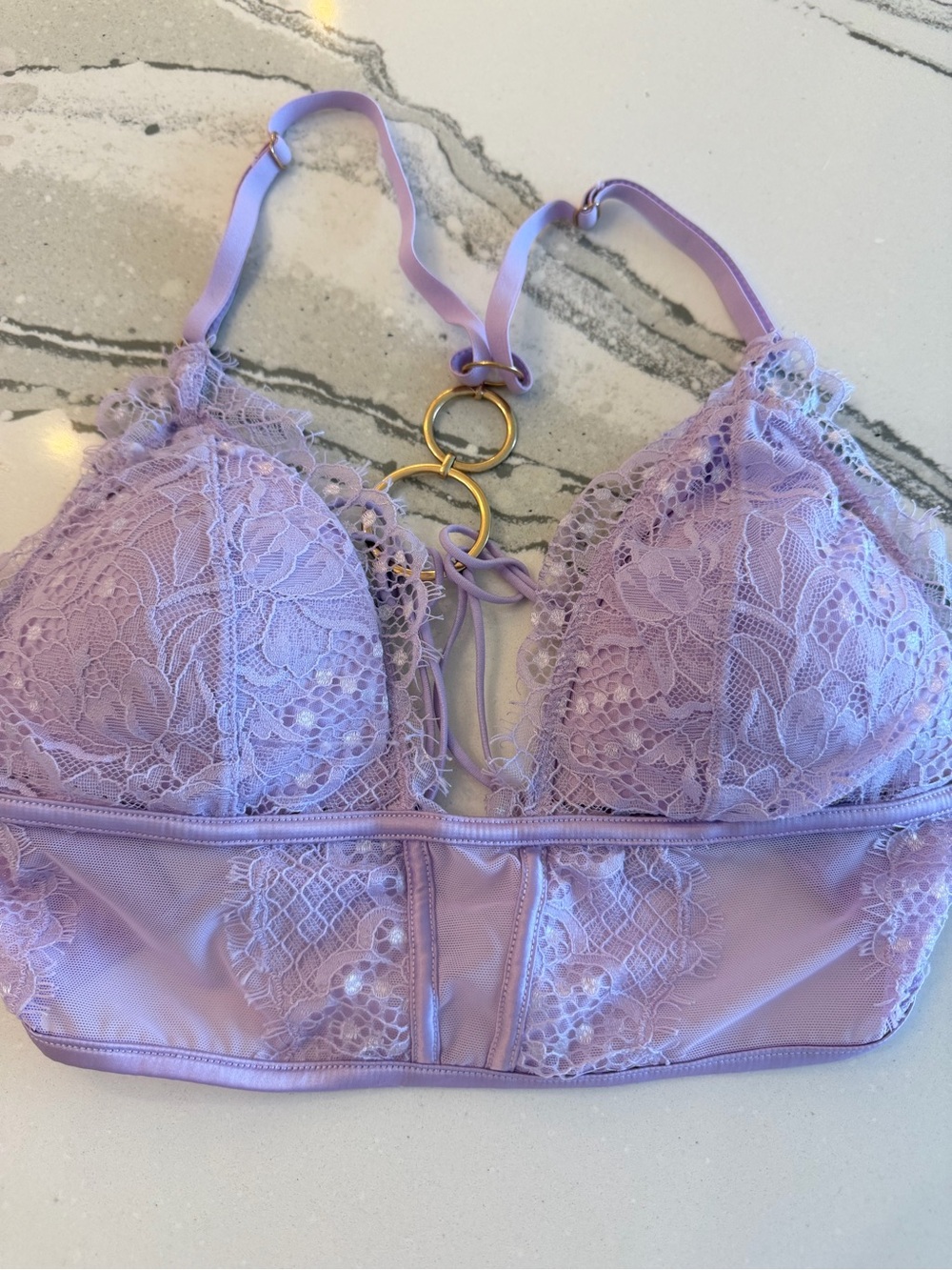 Lace Bralette with Gold Ring Detail - Lavender
